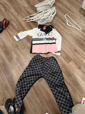 Gucci White, Pink & Black Logo Button-Up with Black Monogram Pants